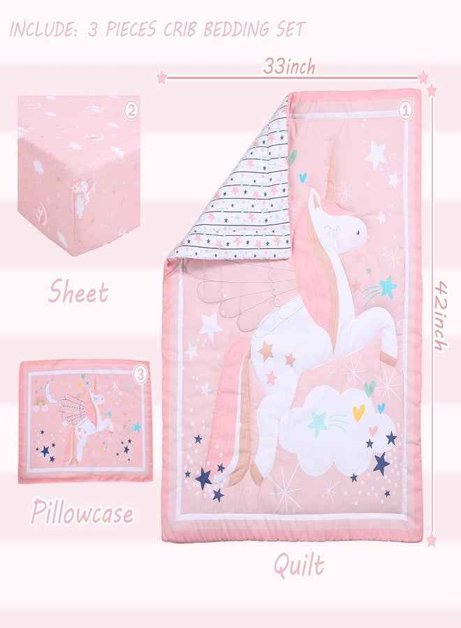 UOMNY Crib Bedding Set for Girls - Pink Baby Nursery Sets 3 Pieces Quilt Comforter Fitted Sheet Toddler Pillowcase Soft Star - Image 2