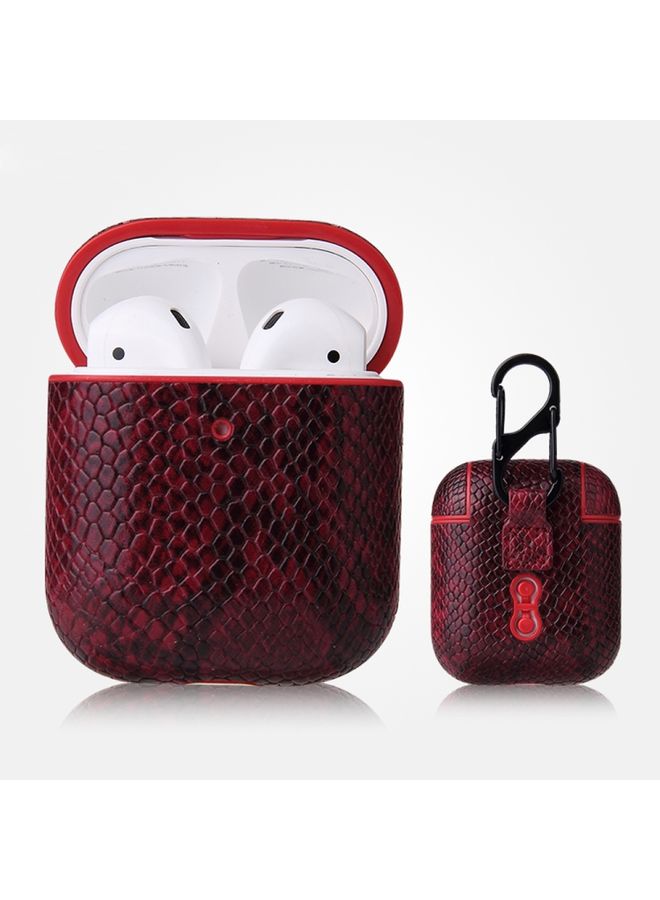 Raxoom Case Cover For AirPods 1 & 2 Anti-fall Snakeskin Texture PU Leather Protective Case with Carabiner Red