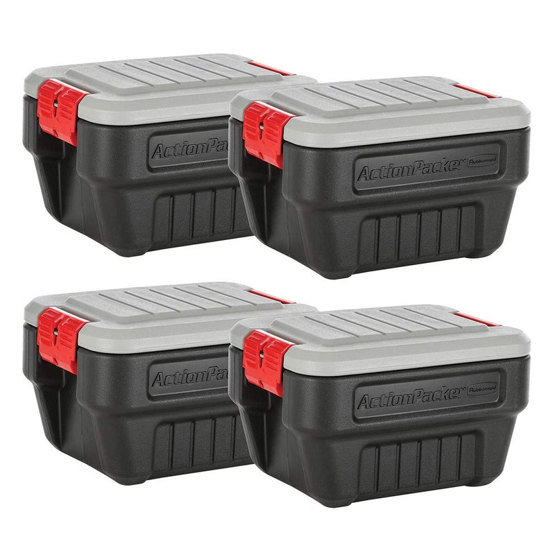 RubbermaidÂ® ActionPackerÂ®ï¸ 8 Gal Lockable Storage Box Pack of 4, Outdoor, Industrial, Rugged, Grey and Black - Image 1