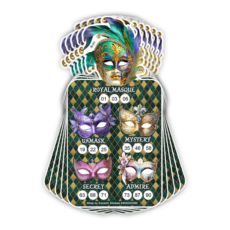 Suruchi Strokes Masquerade Theme Tambola Ticket | Carnival Circus Mask Kitty Party Birthday Housie Game (50 Ticket) - Image 1