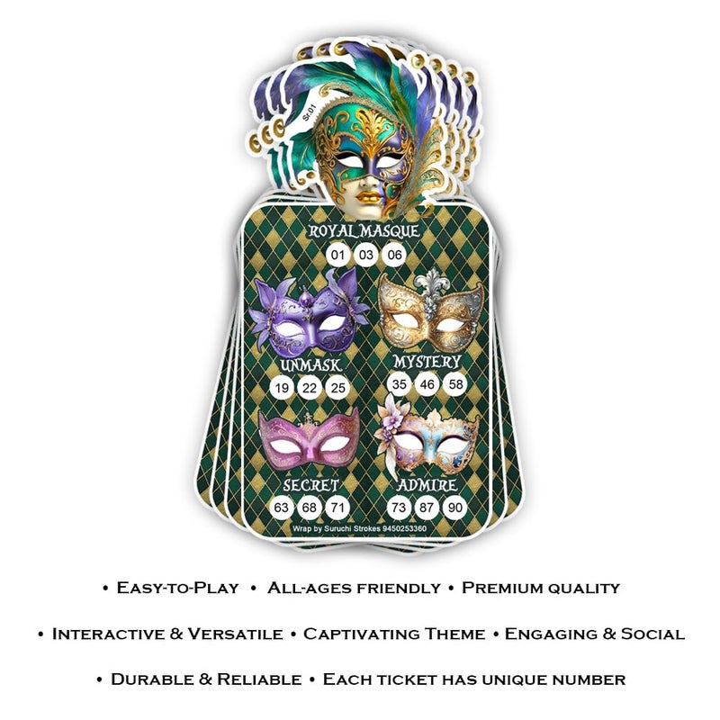 Suruchi Strokes Masquerade Theme Tambola Ticket | Carnival Circus Mask Kitty Party Birthday Housie Game (50 Ticket) - Image 4