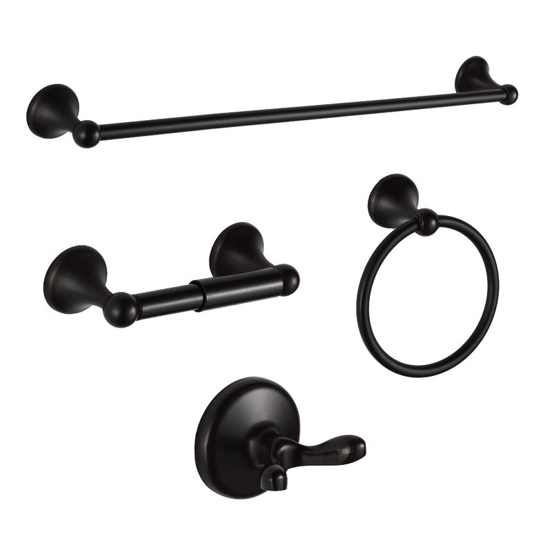 BGL Bathroom Hardware Set  Oil-Rubbed Bronze Adjustable Expandable Towel Bar 4-Piece ORB Bathroom Accessory Set Wall Mounted Robe Hook Toilet Paper Holder Towel Ring Towel Bar