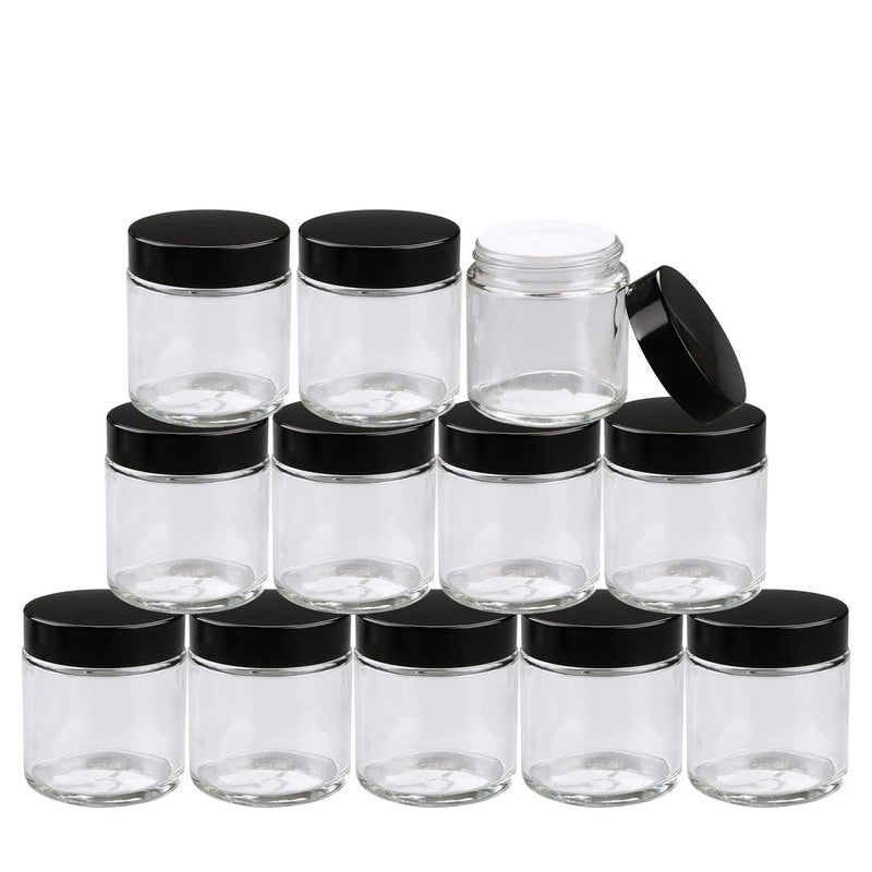 Encheng 12Pack of 4 oz Clear Round Glass Jars, with Inner Liners and black Lids,Empty Cosmetic Containers,Cream jars