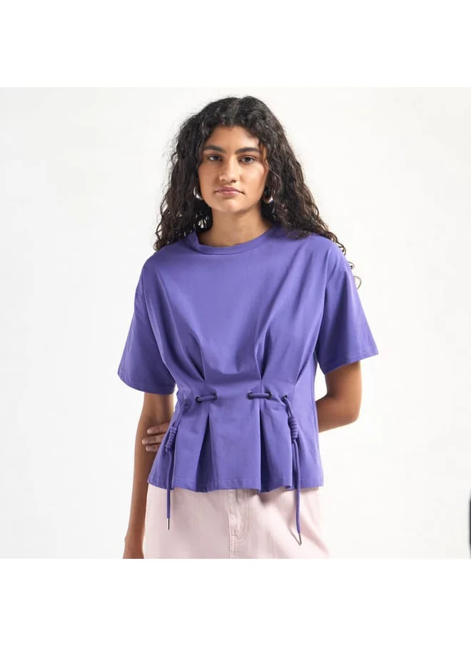 FAV Solid Pleated Top with Short Sleeves and Crew Neck