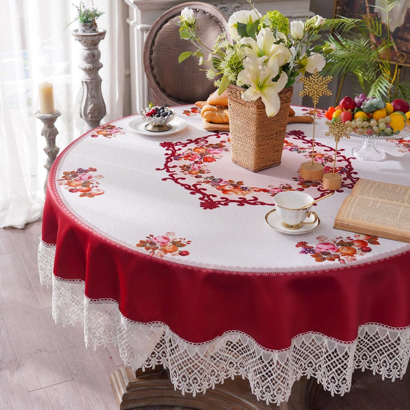 ARTABLE Round Tablecloth Lace Rustic Macrame Embroidered Table Cloths for Harvest Dresser Decor Farmhouse Kitchen Home (Burgundy, 70" Round) - Image 1