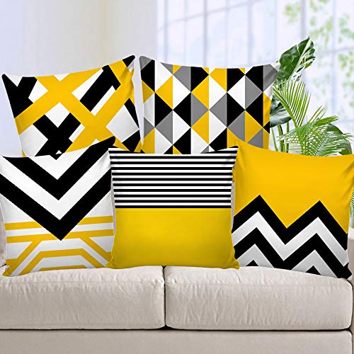 AEROHAVEN Velvet 250TC Cushion Covers, 16x16 inches, Black & Yellow, Set of 5 Pieces - Image 1