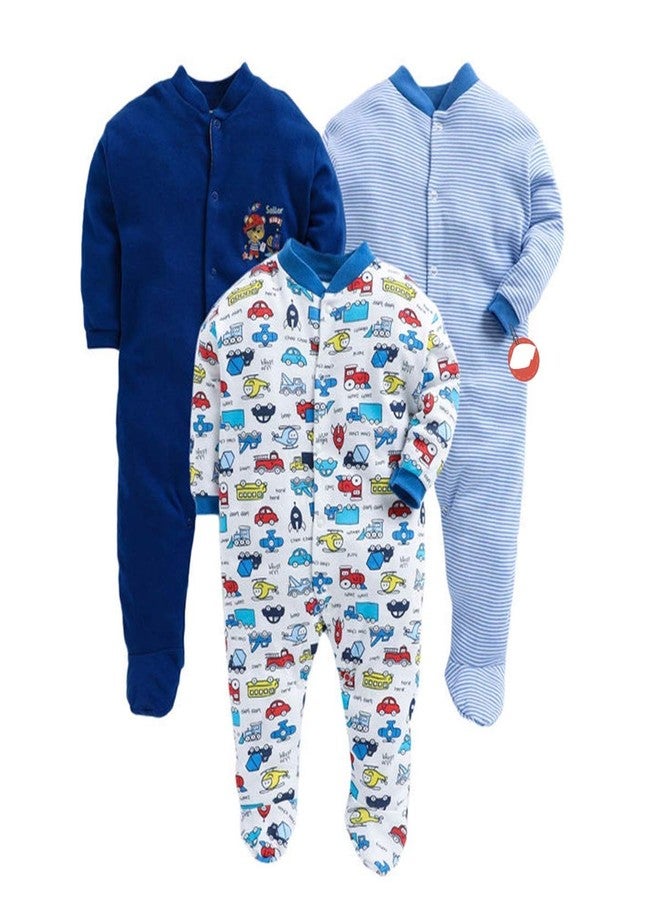 Magic Town 100% Hosiery Cotton Unisex Long Sleeve Rompers/Onesies/Sleepsuit/Full Body-Suit for Baby Boy and Girl/Infants Combo Pack of 3 (12-18 Months, Dark Blue) - Image 1