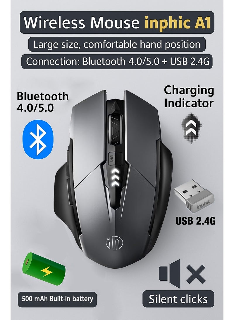 inphic A1 Wireless Mouse – Rechargeable, Silent Click, Ergonomic Design, 2.4G/ Bluetooth Dual Mode (Optional), Adjustable DPI, Portable Optical Mouse for Laptop, PC, Mac, Office & Gaming - Image 1