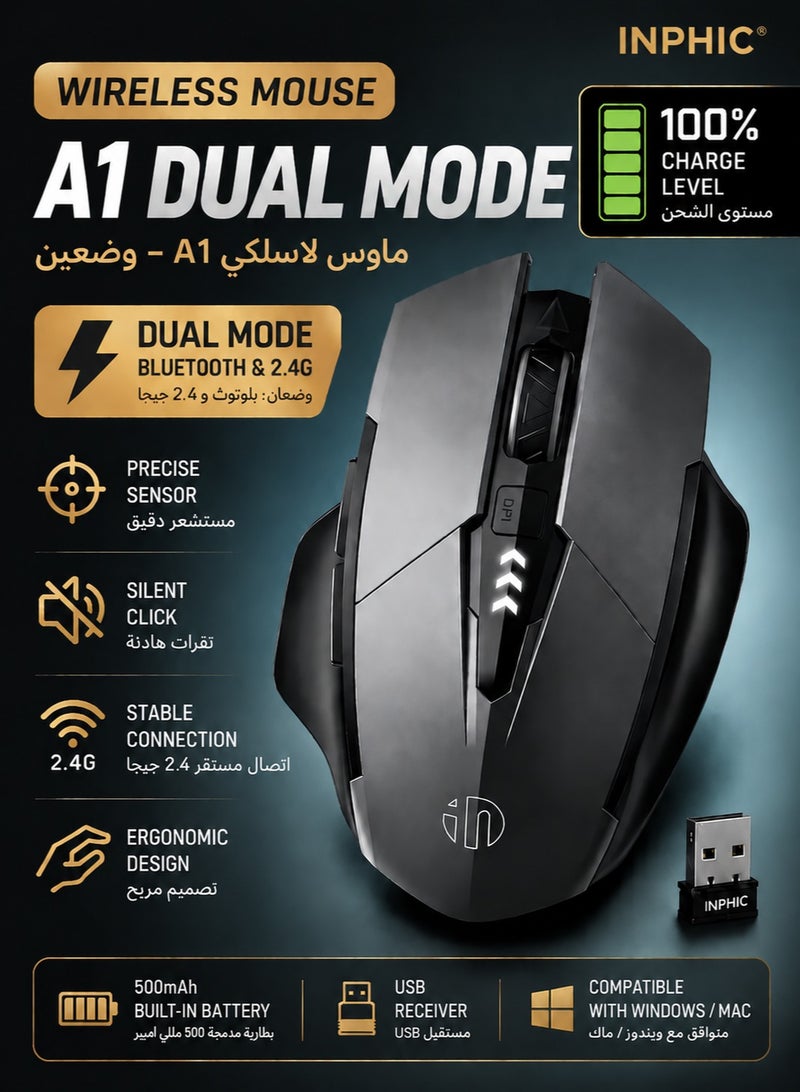 inphic A1 Wireless Mouse – Rechargeable, Silent Click, Ergonomic Design, 2.4G/ Bluetooth Dual Mode (Optional), Adjustable DPI, Portable Optical Mouse for Laptop, PC, Mac, Office & Gaming - Image 1