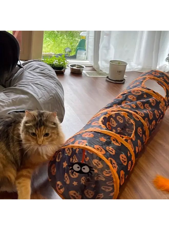 Halloween Cat Tunnel With Jack O Lantern And Spider Web Design Durable Polyester Interactive Toy For Indoor Play - Image 1