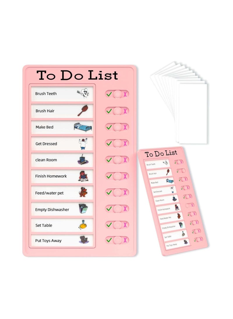 2 PCS Sliding Chore Chart for Kids, Plastic Checklist with 10 Detachable DIY Cardstock Memo, Reusable Plastic Daily Plan to Do List Board for Home Routine Planning (Pink)