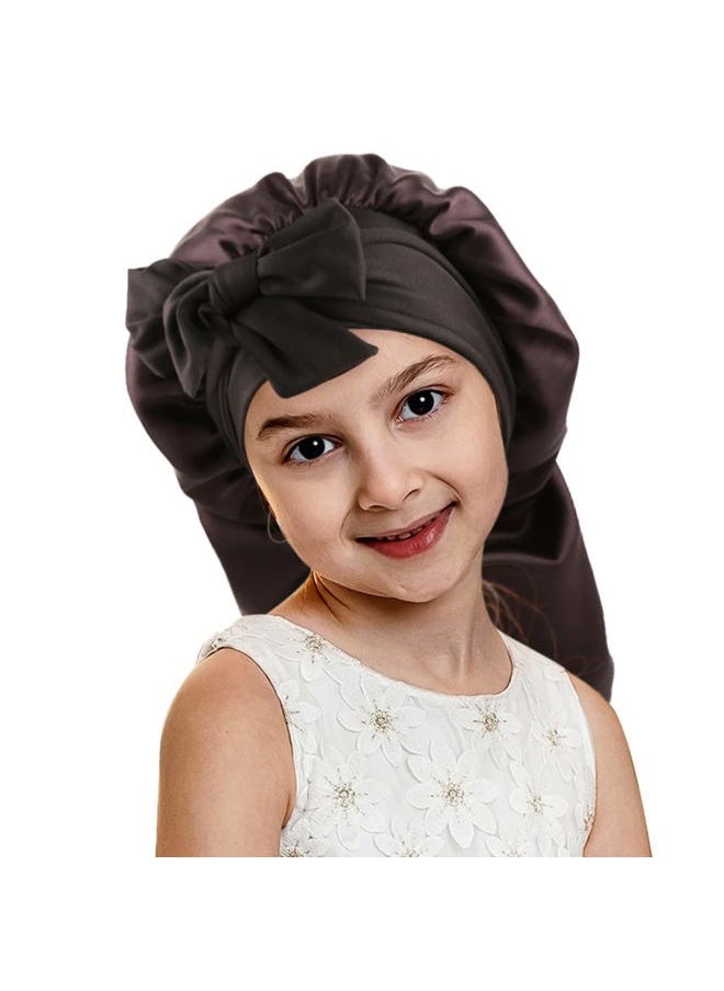 greatremy Greatremy Kids Black Satin Bonnet for Girls - Double Layer Long Silky Sleep Satin Cap with Elastic Edge for Curly, Long Hair Sleeping, Fitness, Yoga  - Image 1