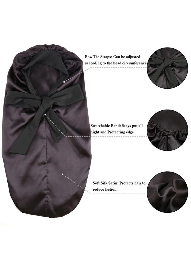 greatremy Greatremy Kids Black Satin Bonnet for Girls - Double Layer Long Silky Sleep Satin Cap with Elastic Edge for Curly, Long Hair Sleeping, Fitness, Yoga  - Image 3