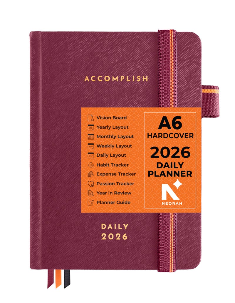 NEORAH — A6 DAILY DATED Planner 2026 ACCOMPLISH-512 Pages of Yearly•12 Month•52 Week+Hourly•365 Daily Journal Pages•Budget•Habit Tracker-Office Diary Academic - Hardcover[Pen Loop Attachable](RHUBARB) - Image 1