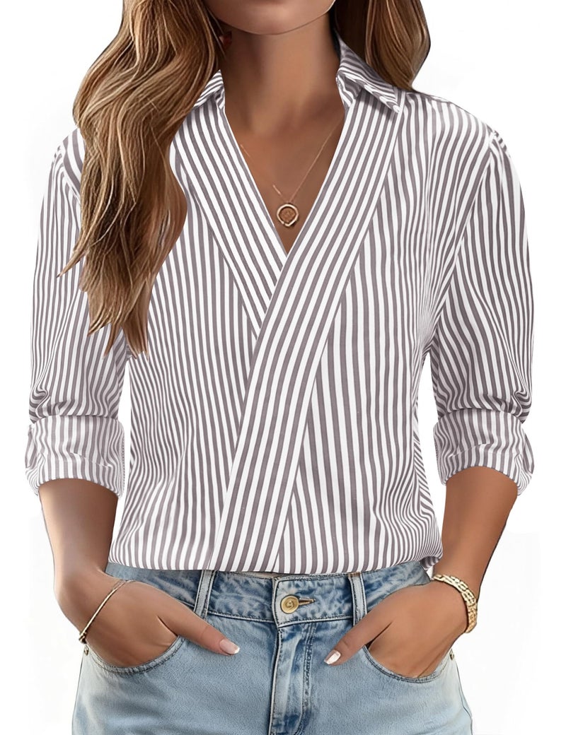 LOMON 3/4 Length Sleeve Womens Tops Dressy V Neck Blouses Casual Trendy Travel Vacation Outfits Office Clothes 2026 (Grey White Stripe,XXL) - Image 1