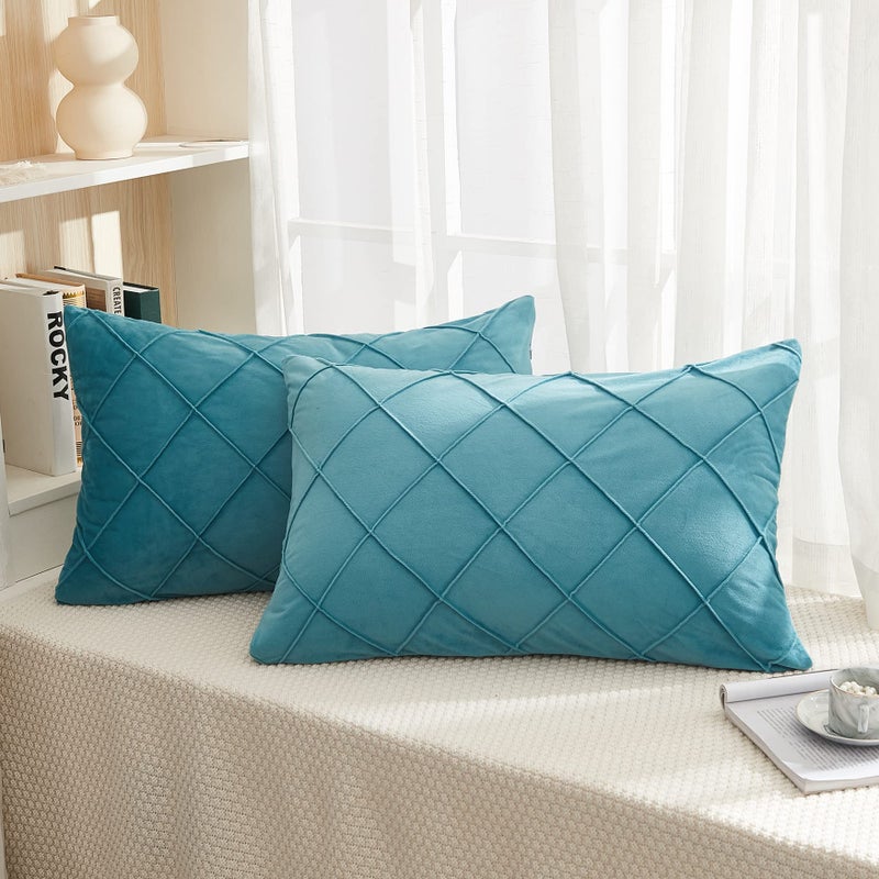 JAUXIO Diamond Pinch Pleated Crystal Velvet Pillowcases 2 Pack Solid Pintuck Throw Cushion Cover for Home Decor Hidden Zipper Closure Teal Blue Standard