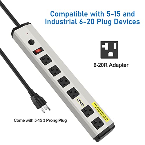 CCCEI Heavy Duty Power Strip Surge Protector 20 Amp, High Amp Industrial Shop Garage Metal Multiple Outlets, 6 FT 12 Gauge 5-15P Extension Cord 6 Outlet 6-20R T-Slot 20a for Appliance. - Image 3