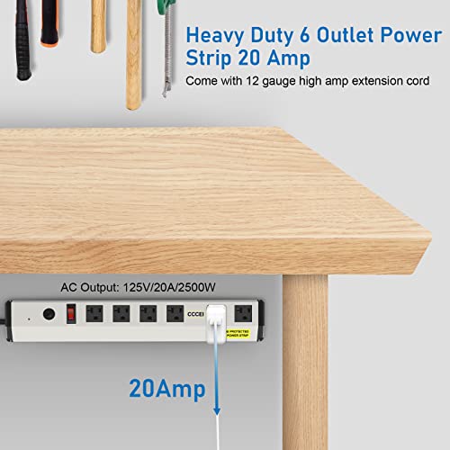 CCCEI Heavy Duty Power Strip Surge Protector 20 Amp, High Amp Industrial Shop Garage Metal Multiple Outlets, 6 FT 12 Gauge 5-15P Extension Cord 6 Outlet 6-20R T-Slot 20a for Appliance. - Image 2