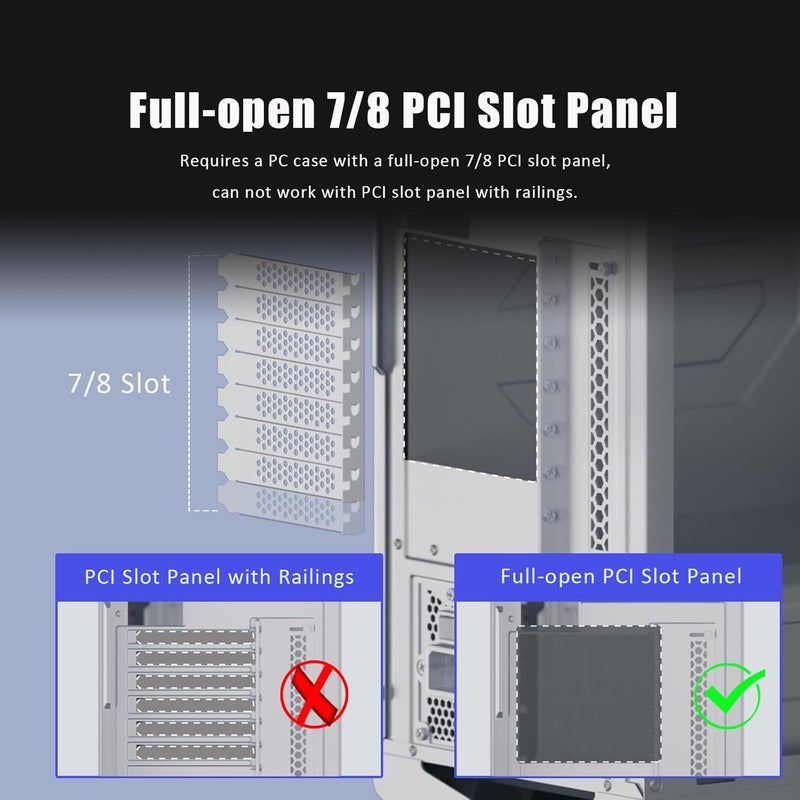 جلوتريندز حامل دعم GPU من بثلاث فتحات مع كابل رفع PCIe 4.0 بطول 150 مم للتثبيت الرأسي لبطاقة الرسوميات، متوافق مع سلسلة RTX 40/30 وسلسلة Radeon RX7000/RX6000، وحالات الكمبيوتر ذات تصميم الفتحات المفتوحة PCI 7/8 - Image 4