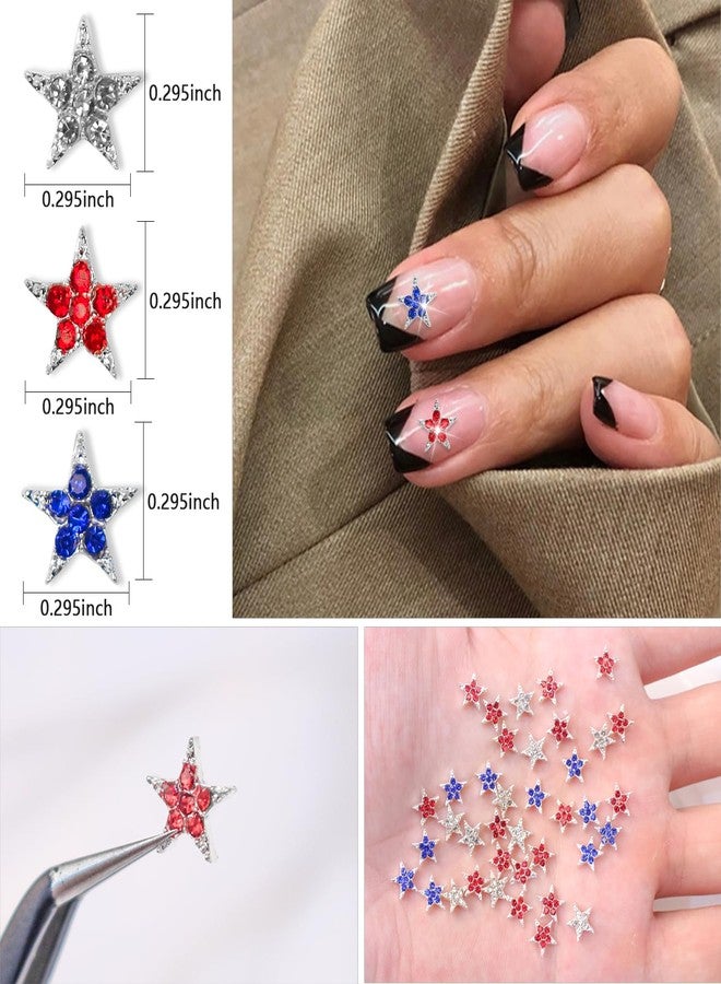 JERCLITY 45 Pieces 4th of July Star Nail Charms Independence Day Nail Rhinestone for Nails Patriotic Nail Charms Silver Red Blue Star Nail Rhinestone for Women Nail Art(0.29 * 0.29inch) - Image 2
