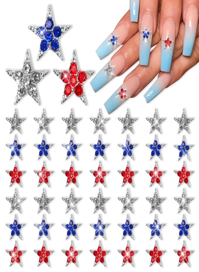 JERCLITY 45 Pieces 4th of July Star Nail Charms Independence Day Nail Rhinestone for Nails Patriotic Nail Charms Silver Red Blue Star Nail Rhinestone for Women Nail Art(0.29 * 0.29inch) - Image 1