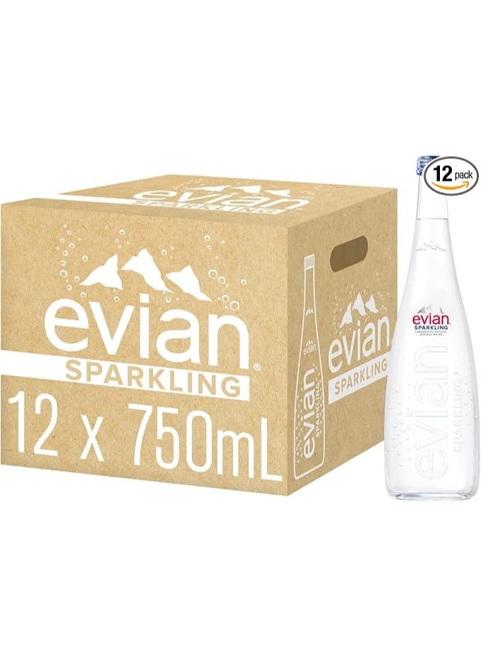 Evian Sparkling Natural Mineral Water 750ml × 12 Glass Bottles - Image 1