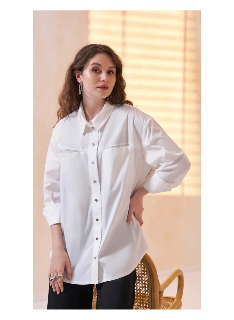 MissWhence  Oversized Button-Front Shirt with Pocket Detail - White for Women | Best Price UAE