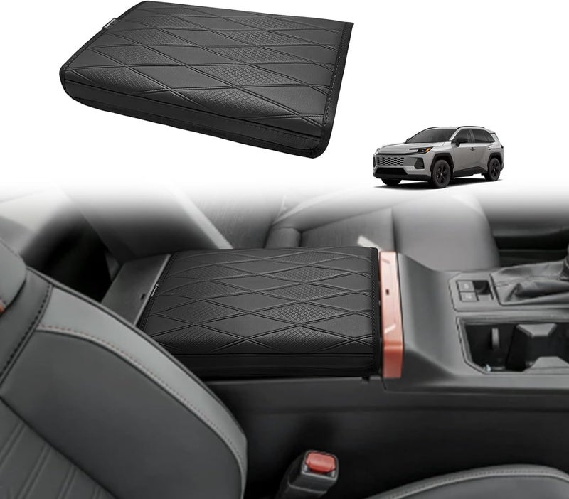 Muslogy Center Console Armrest Cover Compatible with 2026 Toyota RAV4 Accessories Comfort Armrest Pad Arm Rest Cushion Vegan Leather Protector Regular Thick(V2 Diamond Pattern) - Image 1