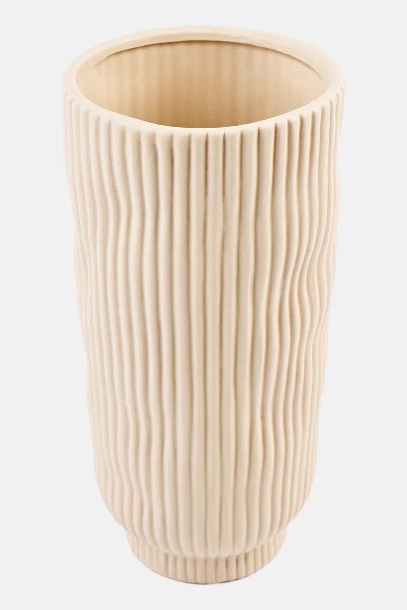 Muy Mucho Ribbed Ceramic Vase 24 H x 12 W cm, Off White
