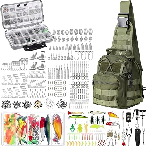 Sosation 482 Pcs Fishing Sling Tackle Bag Set Fish Tackle Box Backpack Storage Fishing Gear and Equipment Included Fish Hook Remover Tool Lures Lip Gripper Gift for MenMilitary Green - Image 1