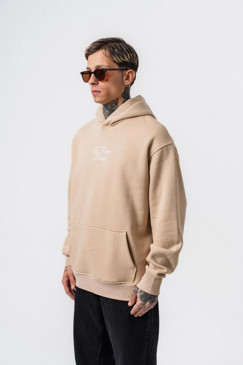 RESPIRE Men's Far From Basic Embroidered Hooded Oversize Hoodie Beige