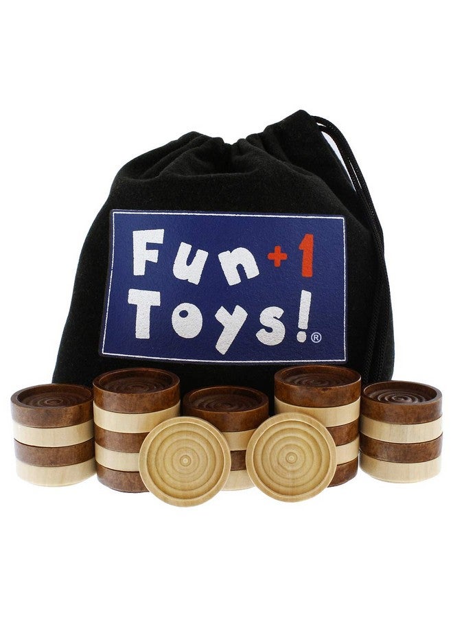 FUN+1 TOYS! Fun+1 Toys! Classic Wood Checkers Stackable Pieces - Set of 26 Total Checkers Pieces in a Velvet Drawstring Storage Pouch. Each Piece 1.125-Inch Wide and in Brown/Natural Colors.  - Image 1