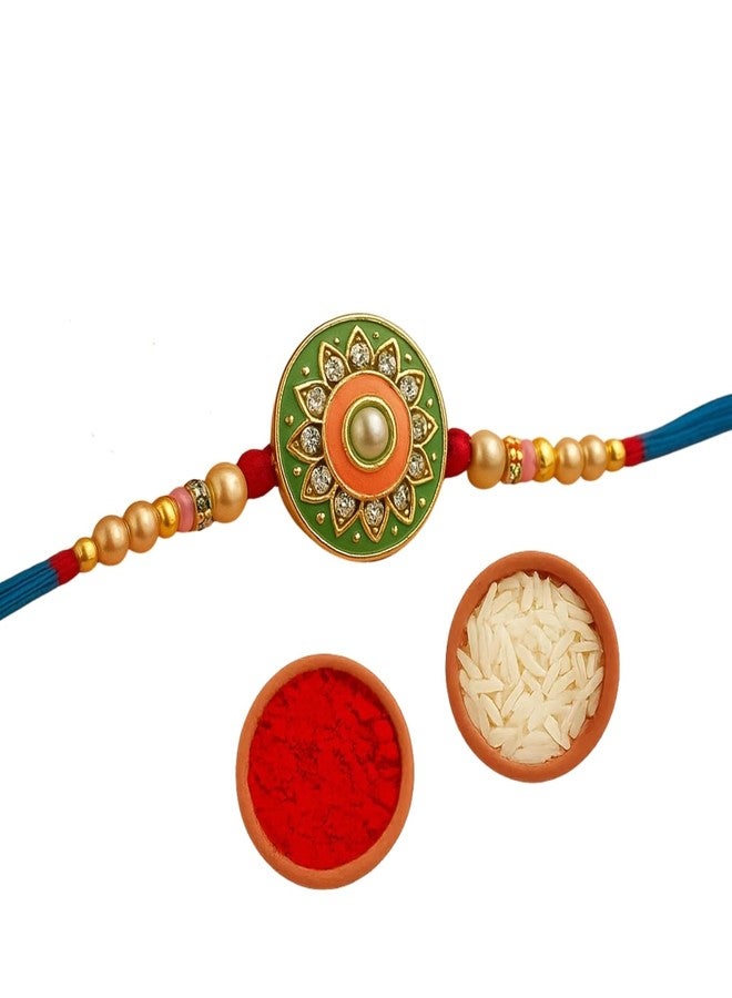 Sage Square Rakhi for Brother, Bhai with Roli Chawal | Raksha Bandhan | Designer Beads, Stones, Decorative Work | Stylish Handcrafted Rakhi Gifting for Sibling Festival Celebration (Type 27) - Image 1