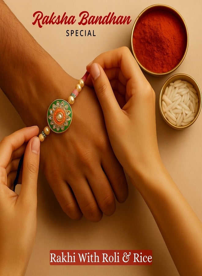 Sage Square Rakhi for Brother, Bhai with Roli Chawal | Raksha Bandhan | Designer Beads, Stones, Decorative Work | Stylish Handcrafted Rakhi Gifting for Sibling Festival Celebration (Type 27) - Image 3