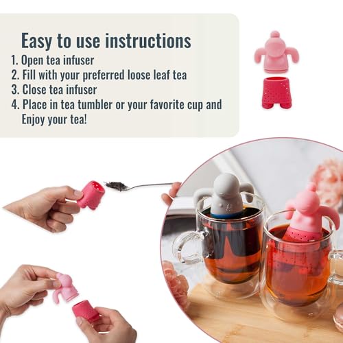 DecorChiq Cute Tea Infuser Set for Loose-Leaf Tea - Funny Silicone Tea Strainer Couple in Pink and Blue/Grey, Small Gift for Tea Lovers and Couples, Tea Steeper Set of 2 - Image 3