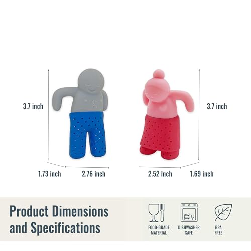 DecorChiq Cute Tea Infuser Set for Loose-Leaf Tea - Funny Silicone Tea Strainer Couple in Pink and Blue/Grey, Small Gift for Tea Lovers and Couples, Tea Steeper Set of 2 - Image 5