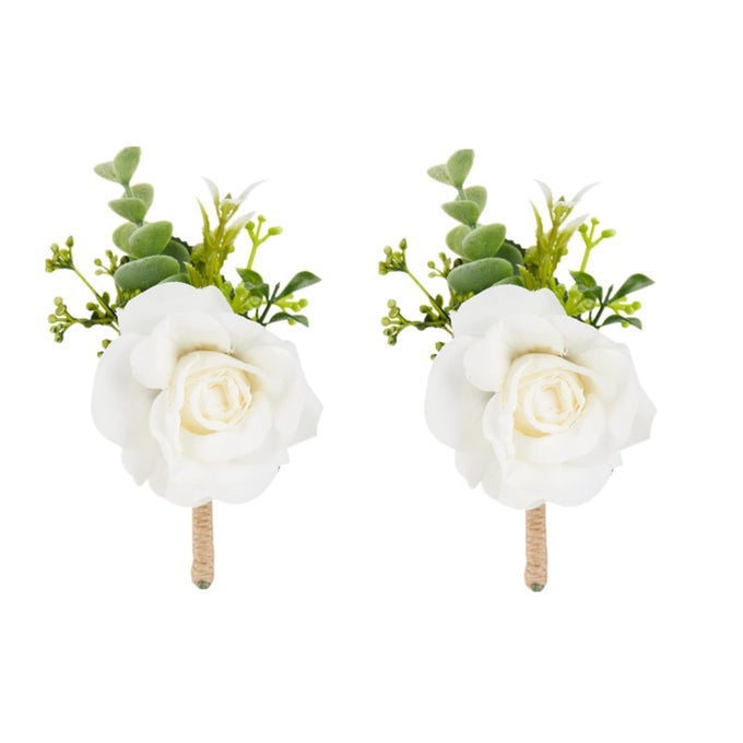 IVORY WHITE ROSE BOUTONNIERES FOR MEN WEDDING SET OF 2 ARTIFICIAL CORSAGE FOR PROM GROOM AND GROOMSMEN BOUTONNIERE FOR CEREMONY FORMAL DINNER PARTY FALL RUSTIC WEDDING HOMECOMING