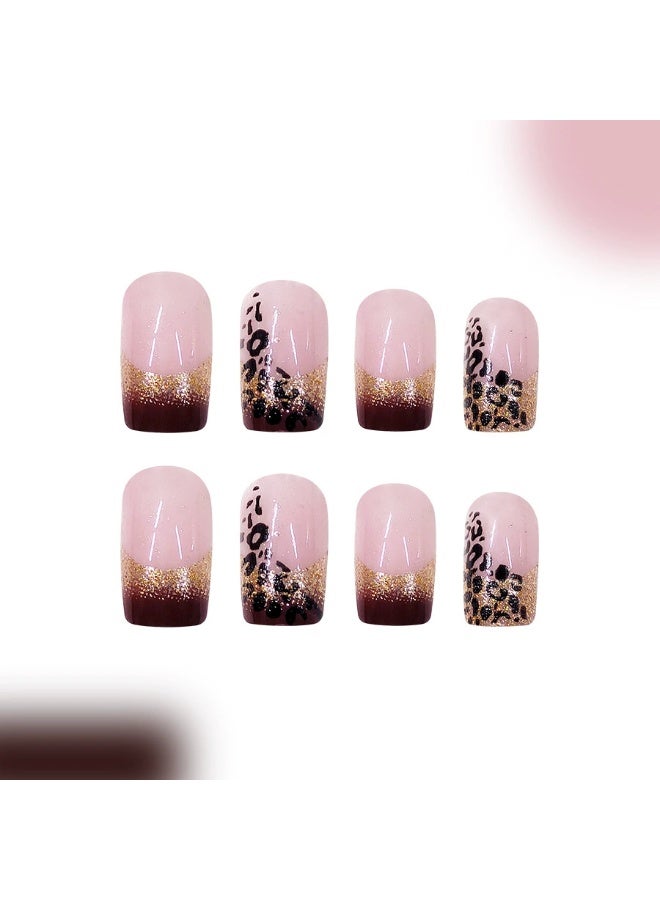 Goolsky Medium Square Press-on Nails with Pink Leopard Print & Gold Glitter Gradient - Image 4