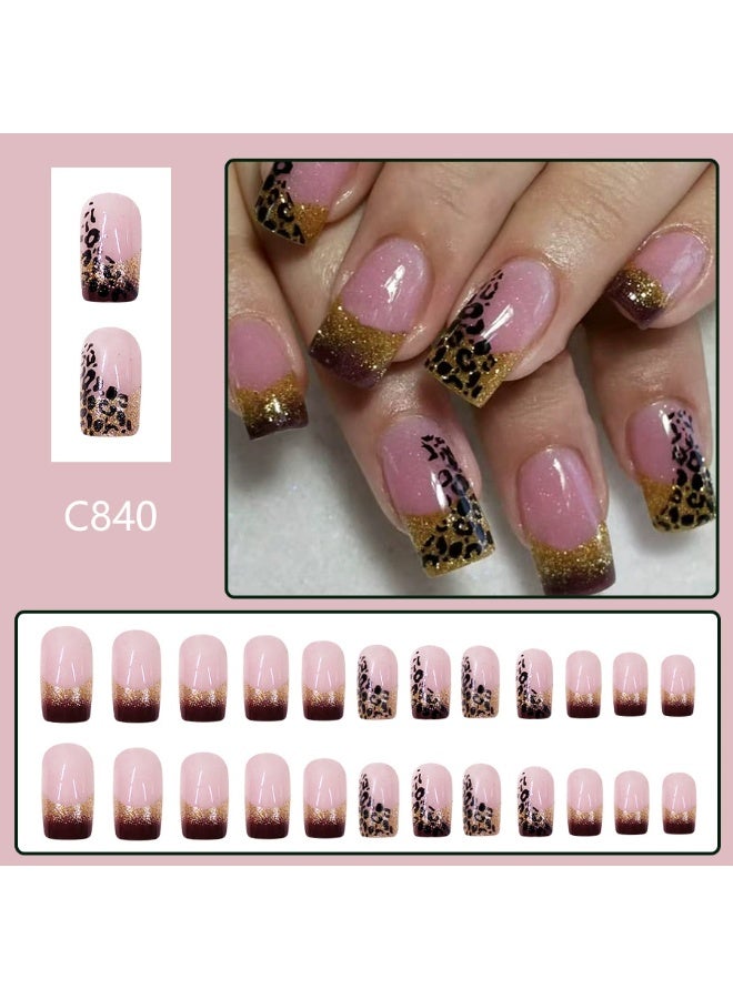 Goolsky Medium Square Press-on Nails with Pink Leopard Print & Gold Glitter Gradient - Image 2
