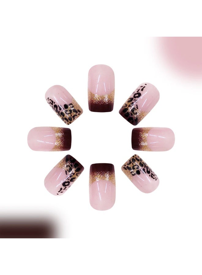 Goolsky Medium Square Press-on Nails with Pink Leopard Print & Gold Glitter Gradient - Image 1