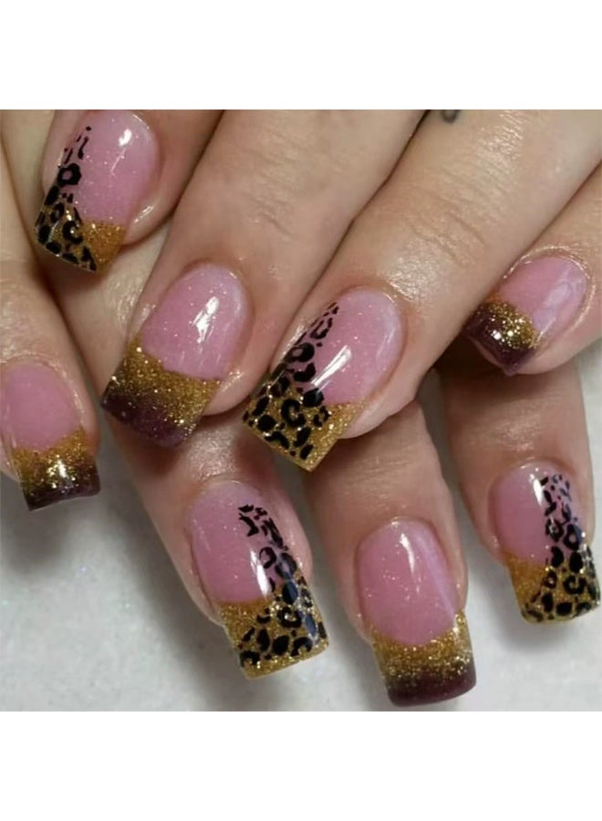Goolsky Medium Square Press-on Nails with Pink Leopard Print & Gold Glitter Gradient - Image 3