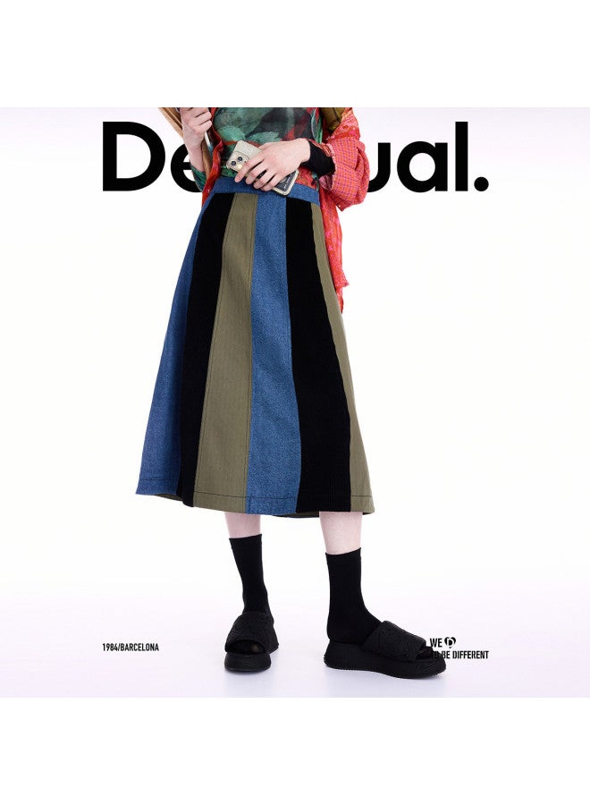 DESIGUAL [Blogger Same Style] A25 Autumn/Winter New A-Line Color-Block Denim Stripe Patchwork Skirt - Image 3