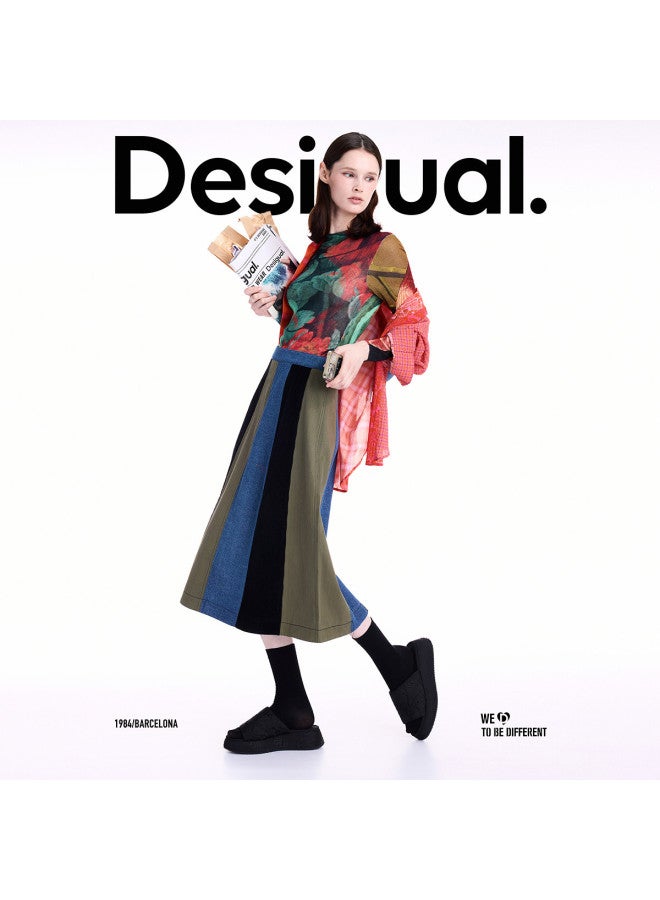 DESIGUAL [Blogger Same Style] A25 Autumn/Winter New A-Line Color-Block Denim Stripe Patchwork Skirt - Image 2