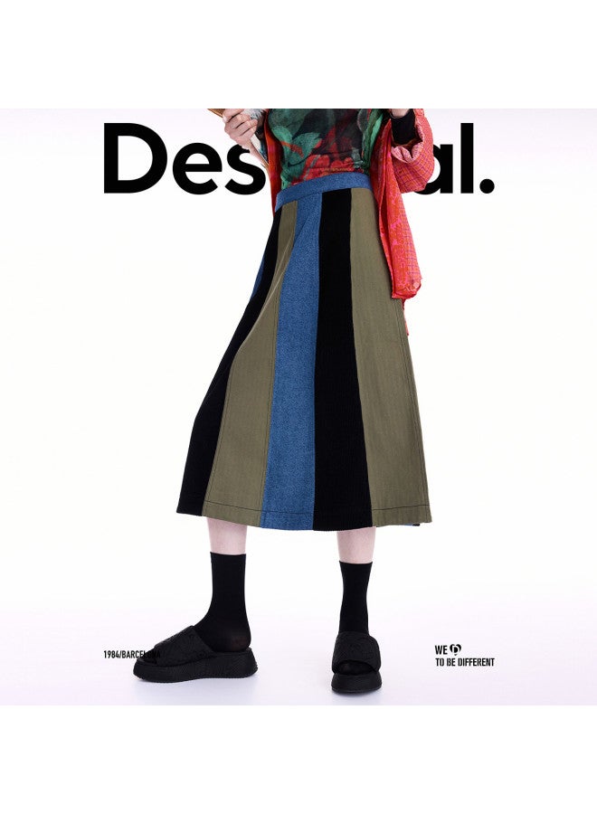 DESIGUAL [Blogger Same Style] A25 Autumn/Winter New A-Line Color-Block Denim Stripe Patchwork Skirt - Image 5