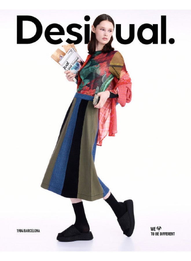 DESIGUAL [Blogger Same Style] A25 Autumn/Winter New A-Line Color-Block Denim Stripe Patchwork Skirt - Image 1