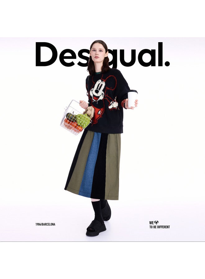 DESIGUAL [Blogger Same Style] A25 Autumn/Winter New A-Line Color-Block Denim Stripe Patchwork Skirt - Image 4