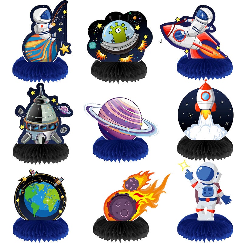 Marspark 9 Pcs Outer Space Themed Honeycomb Centerpiece Outer Space Decorations Birthday Party Table Toppers Double Sided Table Decorations Planet Rocket Astronaut Ufo Solar System Party Supplies - Image 1
