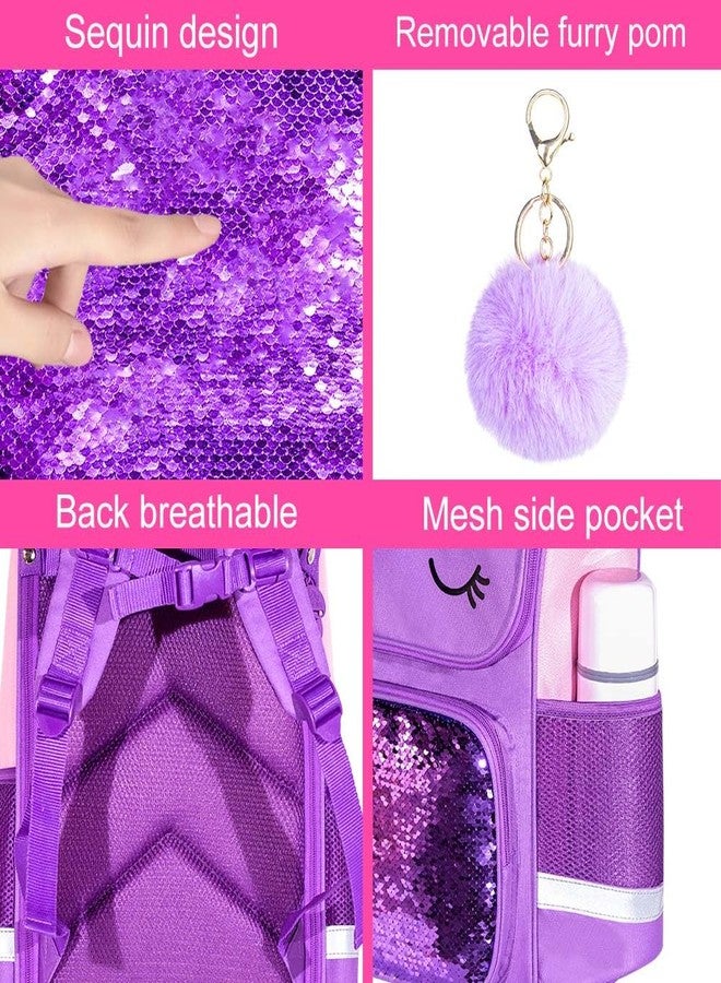 KLFVB 3PCS Unicorn Backpack, 15" Sequin Girls Bookbag with Lunch Box, Kids Preschool School bag for Elementary Students - Purple - Image 5