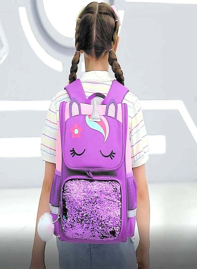 KLFVB 3PCS Unicorn Backpack, 15" Sequin Girls Bookbag with Lunch Box, Kids Preschool School bag for Elementary Students - Purple - Image 2