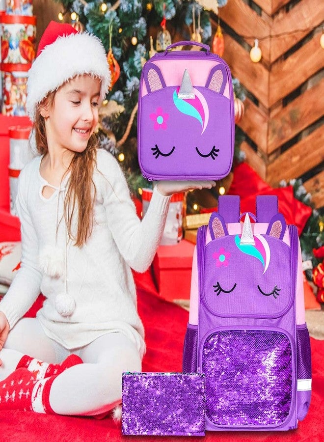 KLFVB 3PCS Unicorn Backpack, 15" Sequin Girls Bookbag with Lunch Box, Kids Preschool School bag for Elementary Students - Purple - Image 3